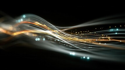 Interlaced luminous waves with warm and cool tones on dark background in dynamic motion