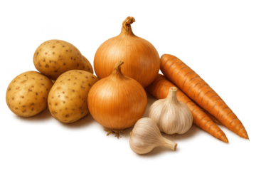 Fresh potatoes, onions, carrots, and garlic on a transparent background.