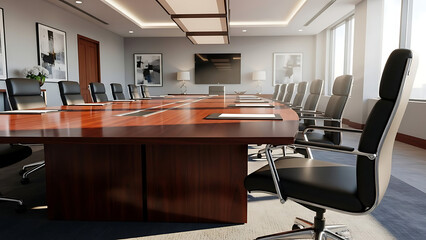 Modern corporate boardroom with large wooden conference table and executive chairs