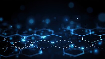 Futuristic blue hexagon grid with glowing nodes and blurred background