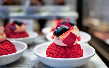  Close up of exquisite gourmet French pastry dessert served on a small plate for fine dining