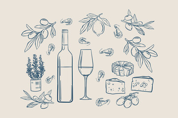 wine or champagne and glass, sliced ​​different cheeses doodle set, Italian food shrimps in hand drawn ink style. © Olena