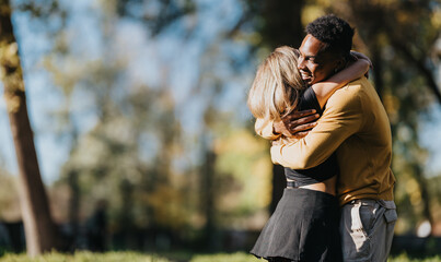A warm embrace between two diverse people in a sunlit park captures friendship, affection, and happiness. The outdoor scene conveys support, comfort, and positive mood in a candid moment.