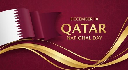 Qatar National Day banner with maroon background, golden waves, and the national flag. Festive design celebrating Qatar’s heritage, unity, and national pride on December 18