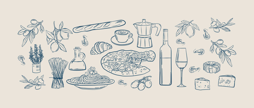 Italian food doodle set, Collection of Mediterranean products in hand drawn style, Pizza and Italian pasta with shrimps set of cheeses and wine vintage design.