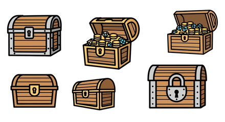Collection of Cartoon Treasure Chests with Varying States and Security.