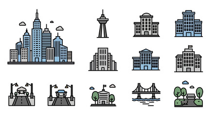 Collection of Cityscape and Urban Landmark Icons in Line Art Style.