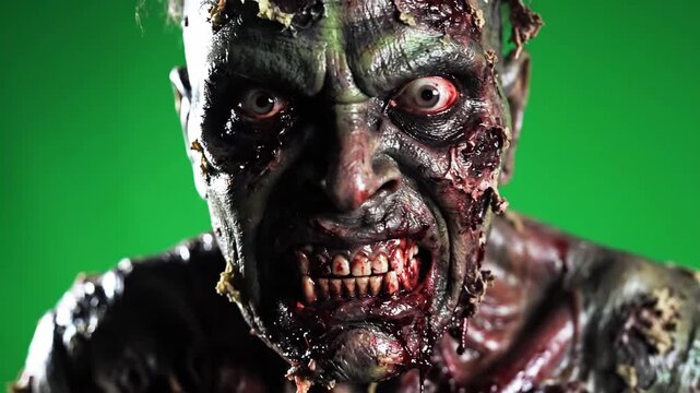 Terrifyingly detailed close up of a gruesome zombie monster with decaying flesh and bloodied teeth against a vibrant green screen background for special effects