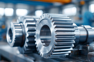 Metal gears on workbench in factory during daytime showing machinery and tools for production processes