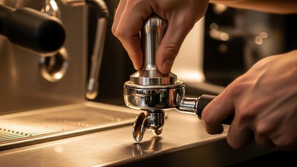 Barista tamping espresso grounds in polished portafilter, warm metallic café background, beverage photography for professional coffee branding
