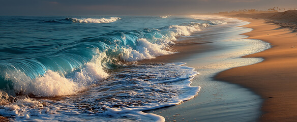 Gentle ocean waves crashing on sandy beach at sunset