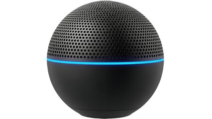 Modern spherical smart speaker with blue LED light a compact audio device for home entertainment and voice control isolated on white