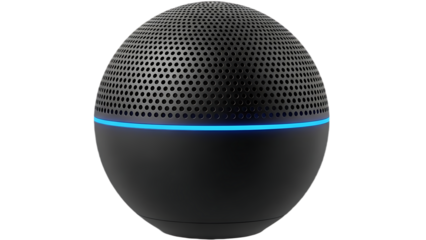 Modern spherical smart speaker with blue LED light a compact audio device for home entertainment and voice control isolated on white