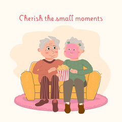 Cute elderly couple sitting on a sofa