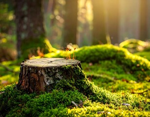 Sunlight on a mossy forest stump