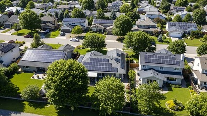 Suburban neighborhood aerial view with solar rooftop homes, vibrant environment, aerial photography for community renewable energy campaigns