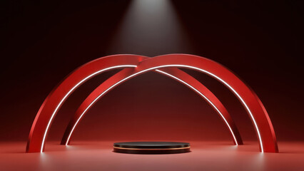 A futuristic red archway with glowing lights on a dark background for a product showcase or event