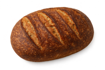 Delicious rustic sourdough bread with a golden crust on a transparent background.
