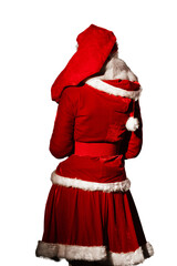transparent background, isolated image. Woman in red Santa costume with white fur trim, standing with back turned, showcasing festive attire and holiday spirit, perfect for Christmas celebrations
