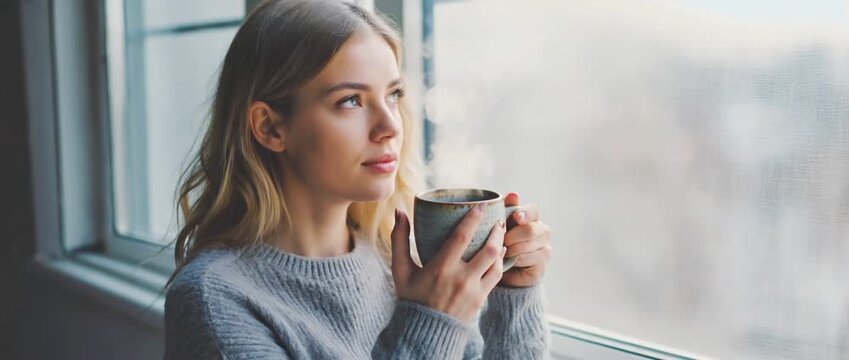 Serene Moments with a Hot Beverage: A pensive individual is looking out a window. She's holding a steaming cup, enveloped in quiet contemplation, experiencing a sense of tranquility.