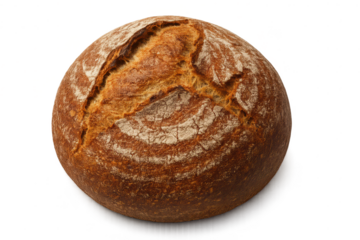 Freshly baked artisan round bread loaf with crispy crust, transparent background.