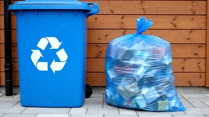 Person disposing recyclable waste into a blue container with a prominent recycle symbol