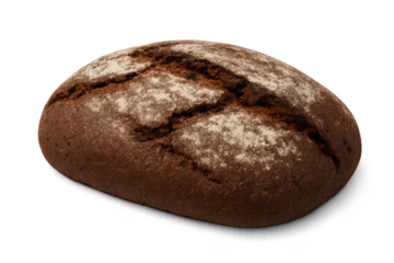Rustic dark rye bread loaf dusted with flour on a crisp transparent background