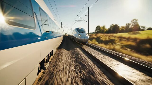Two highspeed bullet trains race past each other on parallel tracks through a sunny rural landscape creating a dynamic sense of rapid motion and modern travel