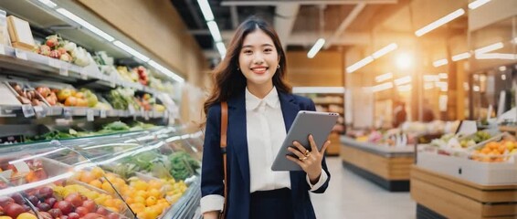 Grocery Shopping in Retail: A smiling woman browses the fresh produce, holding a digital tablet. She embodies the convenience of modern shopping.