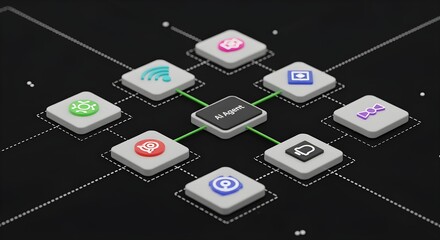 Illustrative 3D Render of an AI Agent at the Core of a Digital Network, Connecting Diverse Conceptual Service Icons in an Abstract Dark Technology Environment