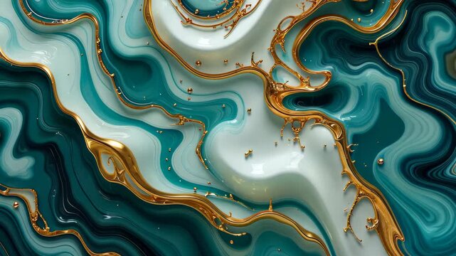 Flowing Marble Abstract Video - Luxury Teal and Gold Fluid Art Animation for Background Design, Website Headers, and Digital Content Creation