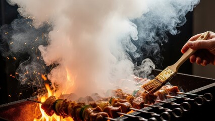 Obraz premium Grilling skewers over open flame with smoke and flames