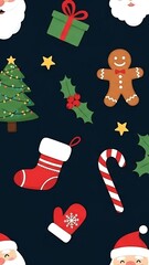 Naklejka premium Festive Christmas Pattern with Holiday Icons on Dark Background.