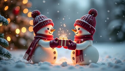 Two snowmen exchanging a gift, cheerful and festive, in snowy winter scene, copy space