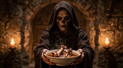 Hooded Skeleton Offering Bowl of Bones