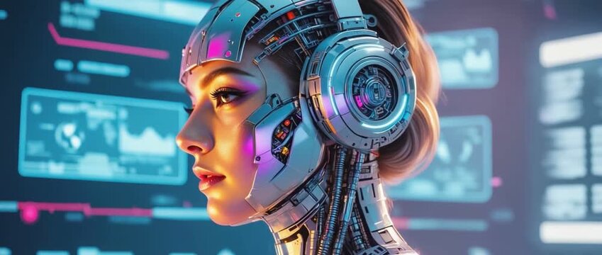 Futuristic Cyborg Woman: A stunning close-up portrait of a cyborg woman with intricate mechanical implants and glowing neon accents.