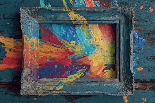 Vibrant paint splatters burst from an ornate blue frame on a rustic wooden surface - Powered by Adobe