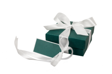 dark green gift box with white ribbon and gift tag isolated on white or transparent png