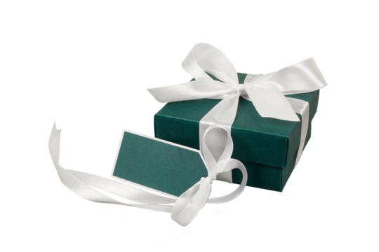 dark green gift box with white ribbon and gift tag isolated on white or transparent png - Powered by Adobe