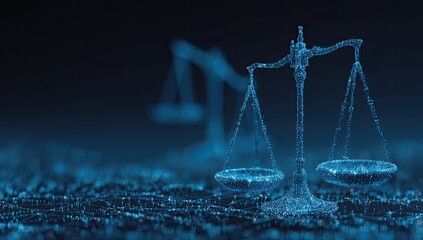 Futuristic, glowing blue digital scales of justice on a tech circuit surface