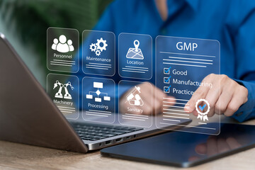 Good Manufacturing Practice Certification Concept, Businesswoman Reviewing Quality Control Documents, Compliance with Global GMP Standards for Food, Drug, Prevent Contamination and Protect Consumers