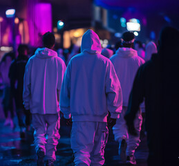 Rear view of a gang wearing white hooded sweatshirts and joggers walking through a dark city