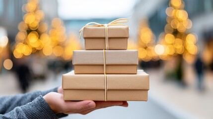 Hand holding stacked gift boxes wrapped in brown paper with twine, surrounded by festive lights and blurred holiday decorations, conveying the spirit of giving and celebration
