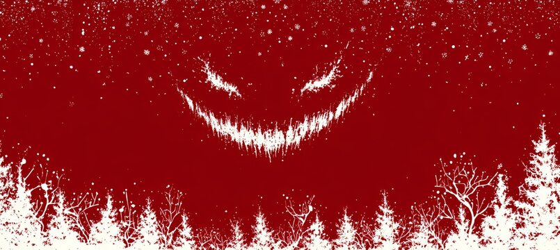 Scary eyes and mouth monster figure at dark red forest. Generative AI technology.	
