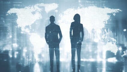 Two business silhouettes stand before a glowing digital world map, global connectivity concept