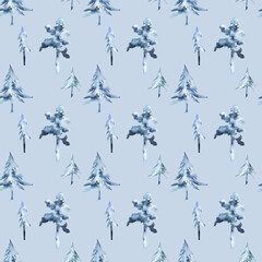 Winter forest watercolor seamless pattern in blue color palette