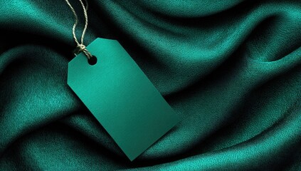 Blank teal tag with string attached resting on luxurious dark teal folded silk fabric