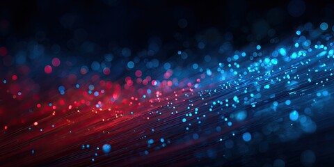 Abstract glowing red and blue light trails with bokeh on a dark background