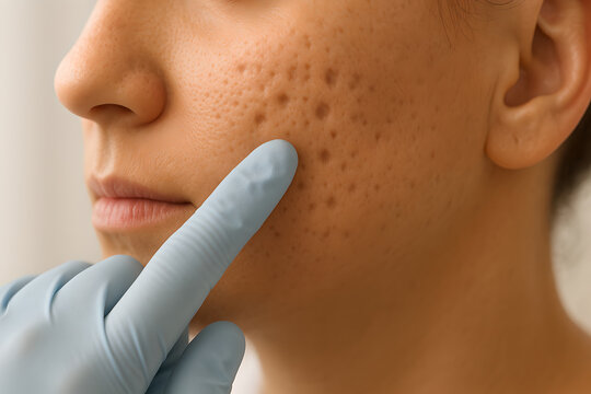 Photorealistic 3D of facial skin with mild to moderate acne scars, mix of shallow rolling and boxcar scars on cheek area, natural skin tone with subtle color variation, no active pimples or blood