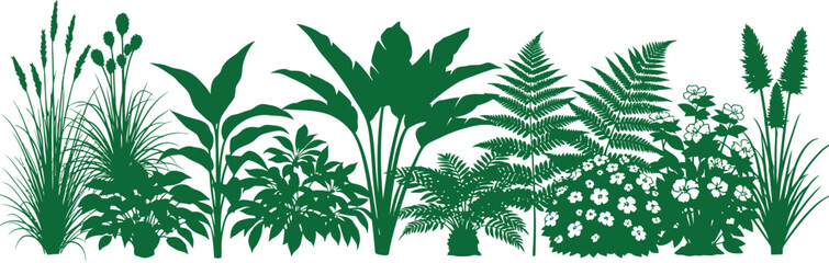 Stylized tropical foliage illustration with various green plants and fern leaves on white background © MstSharibun
